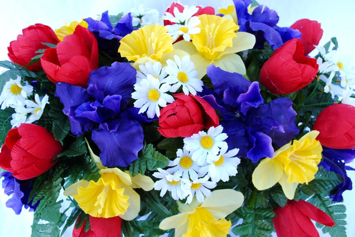 Spring Tulip Daffodil and Iris Headstone Saddle for Grave Decoration