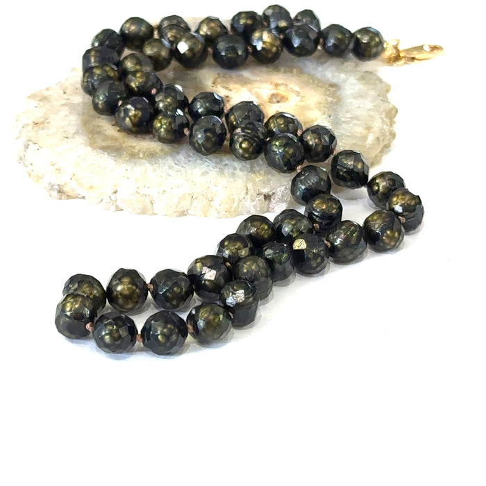 Elegant 18 inch black pearl necklace handmade in Boston, Massachusetts on white long center view
