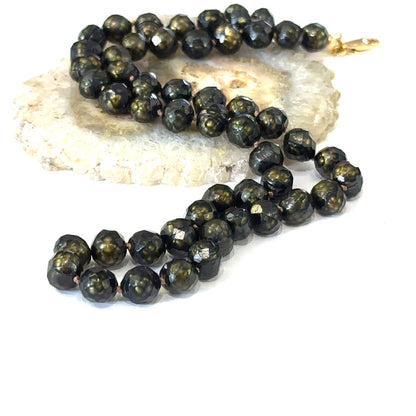 Elegant 18 inch black pearl necklace handmade in Boston, Massachusetts on white long center view