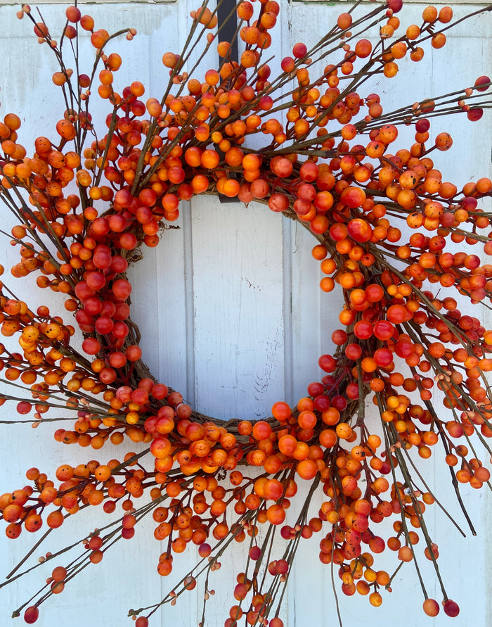 Thanksgiving and Fall Orange Berry Wreath on Grapevine Base in 22 Inch Diameter