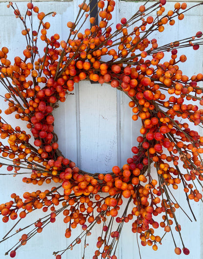 Thanksgiving and Fall Orange Berry Wreath on Grapevine Base in 22 Inch Diameter