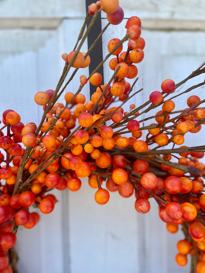 Thanksgiving and Fall Orange Berry Wreath on Grapevine Base in 22 Inch Diameter