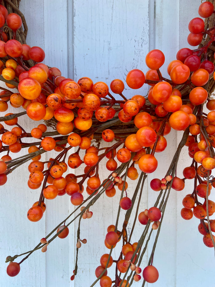 Thanksgiving and Fall Orange Berry Wreath on Grapevine Base in 22 Inch Diameter