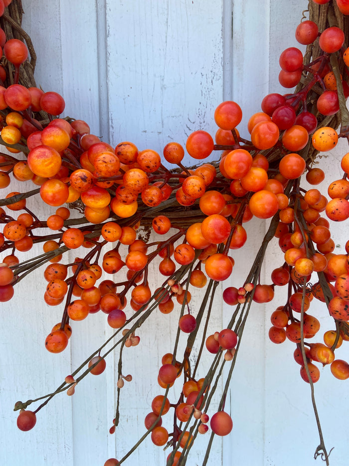 Thanksgiving and Fall Orange Berry Wreath on Grapevine Base in 22 Inch Diameter