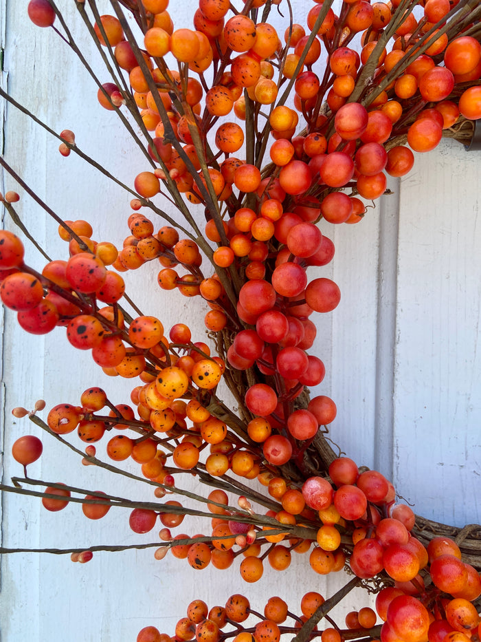 Thanksgiving and Fall Orange Berry Wreath on Grapevine Base in 22 Inch Diameter