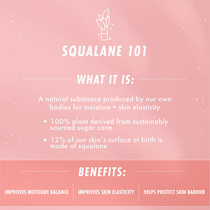 Squalane 101 graphic explains The Daily Face Cream face moisturizer by ColourPop, highlighting plant-derived squalane from sugarcane that boosts moisture balance, improves skin elasticity, and helps protect the skin barrier on a soft pink backdrop.