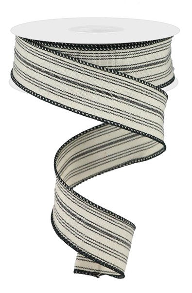 Ticking Stripe on Cotton Wired Edge Ribbon - 10 Yards (Black, Beige, 1.5 Inch)