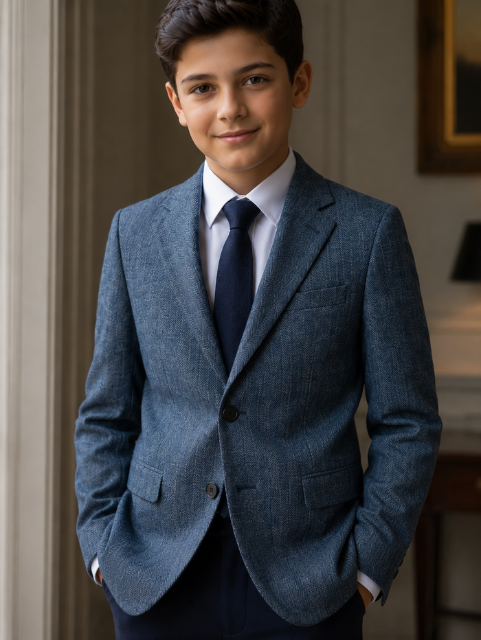 T.O. Boy's Fashion Soho Stretch Blazer Jacket- Blue Grey Herringbone