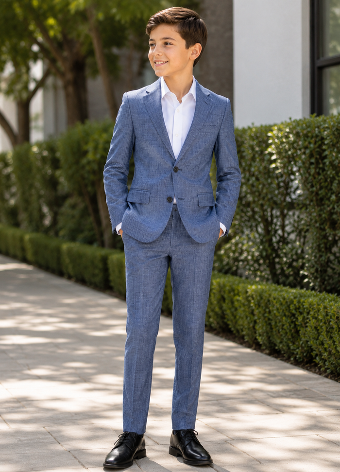 T.O. Boy's Fashion Soho Stretch Suit - Checked Navy and Black