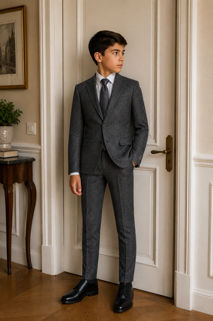 T.O. Boy's Fashion Soho Stretch Suit - Grey Herringbone
