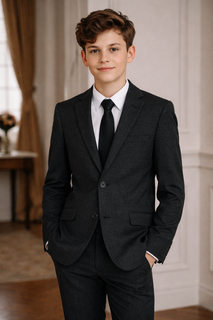 T.O. Boy's Fashion Stretch Suit - Black herringbone