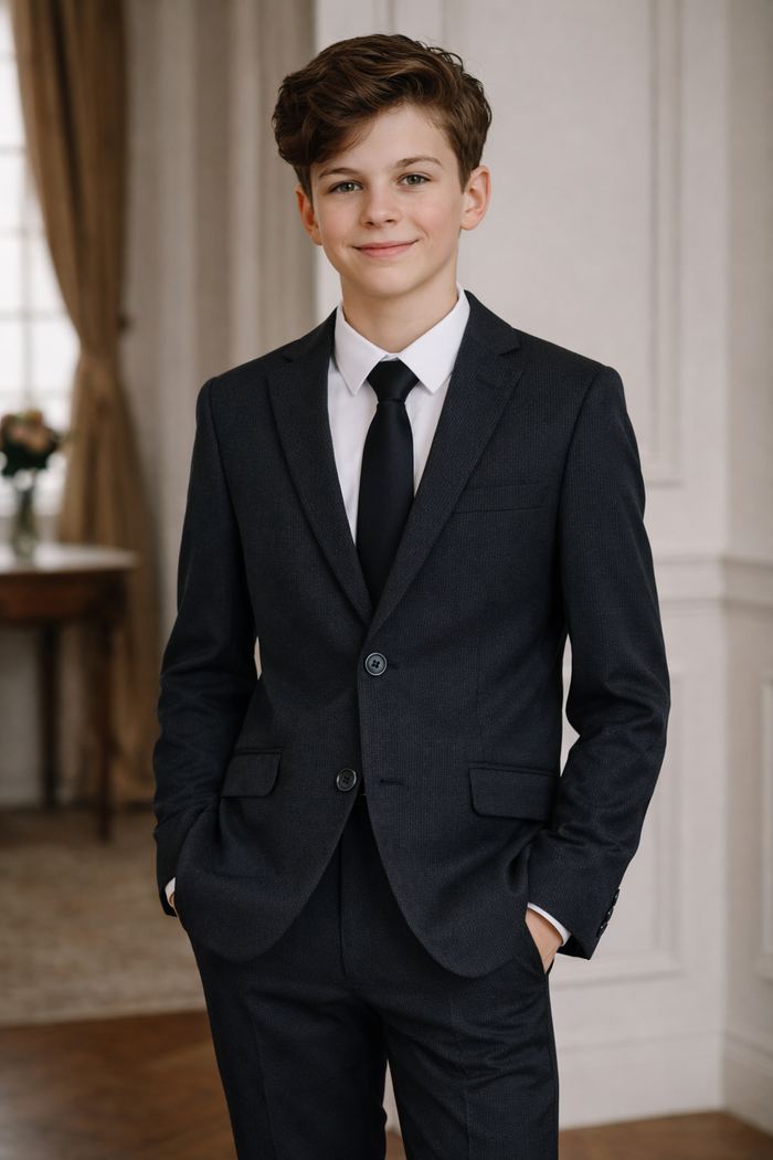 T.O. Boy's Fashion Stretch Suit - Midnight Navy Herringbone