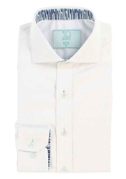 T.O. Boy's Green Label Non-Iron Contrast Shirt - Blue Stripes