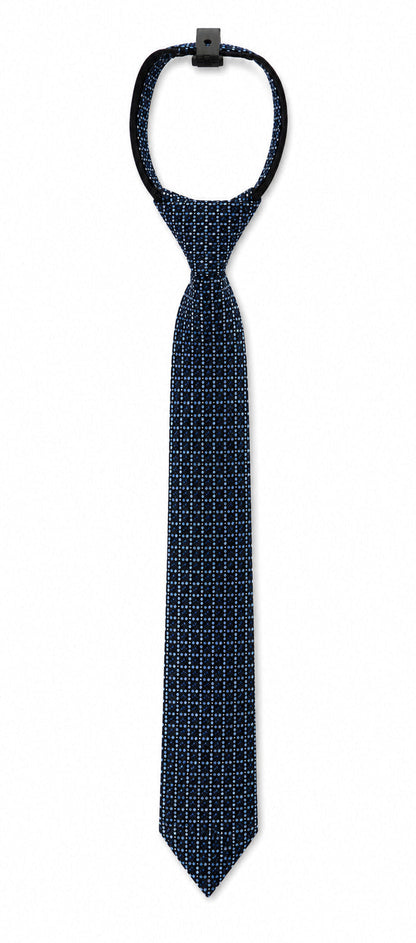 Navy blue tie with white geometric pattern on a white background
