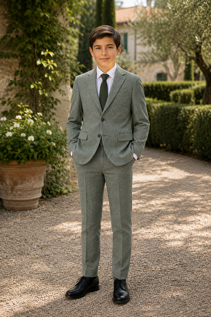 T.O. Men's Fashion Stretch Suit -  Green Herringbone