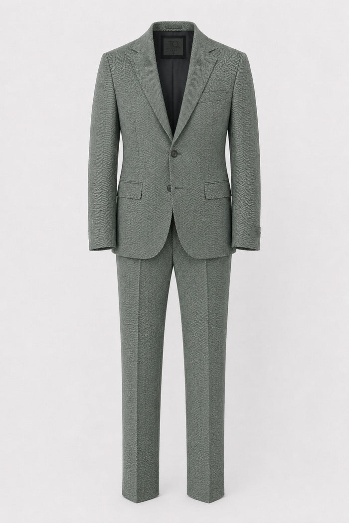 T.O. Men's Fashion Stretch Suit -  Green Herringbone