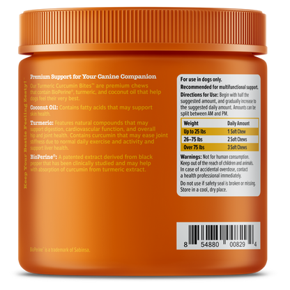 Orange jar with ridged lid containing turmeric curcumin dog chews, labeled with ingredient information and dosage instruction