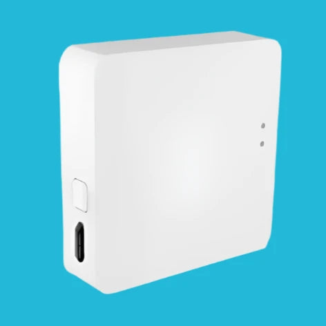 A white box with a bluetooth and a white box with a red button