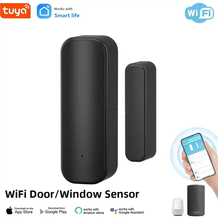 A person holding a smart phone and a smart door window sensor