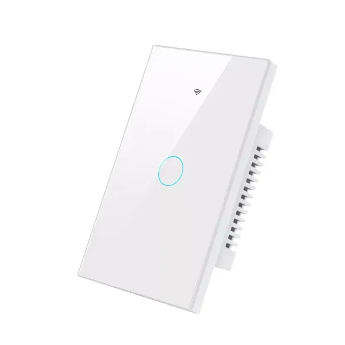 A white light switch with a blue button on it