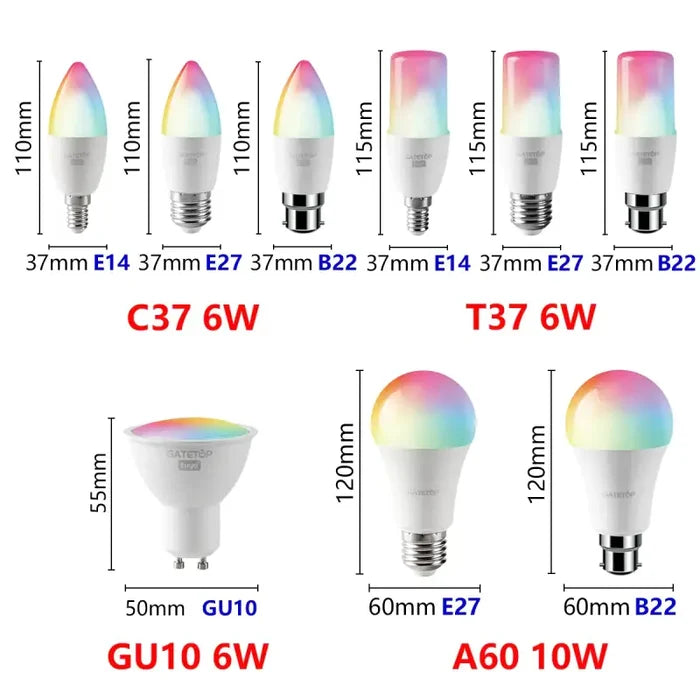 A group of four different types of led bulbs with different colors