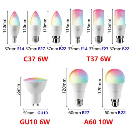A group of four different types of led bulbs with different colors