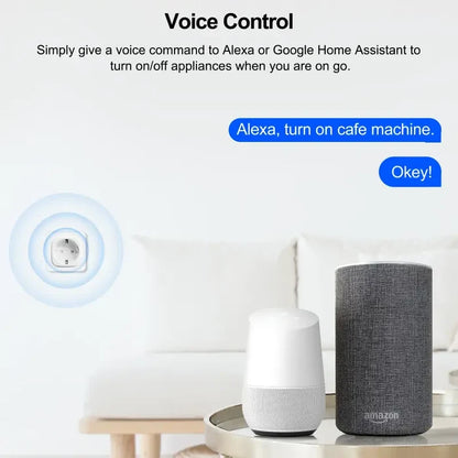 A close up of a table with a smart speaker on it