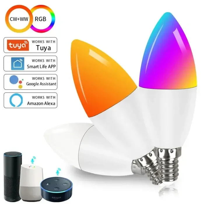 A white and orange light bulb with a smart speaker next to it