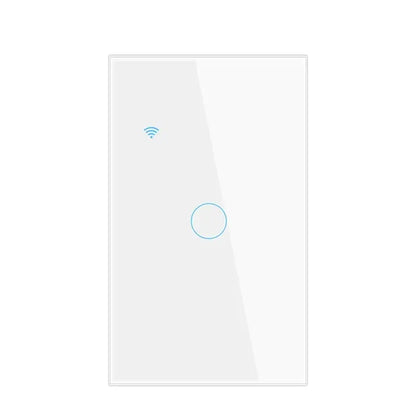 A white light switch with a blue button