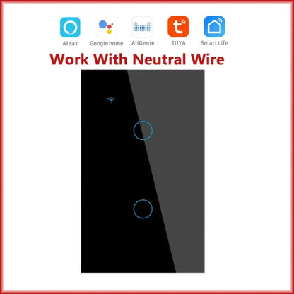 A black and white wall switch with the words work with neutral wire