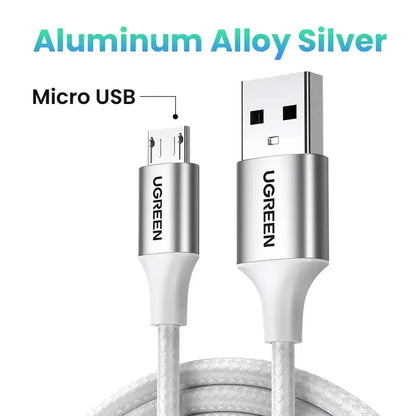 A close up of a white cable connected to a micro usb