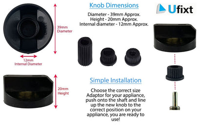 Universal Cooker Oven Grill Control Knob And Adaptors Black Knob Fits both Gas Electric