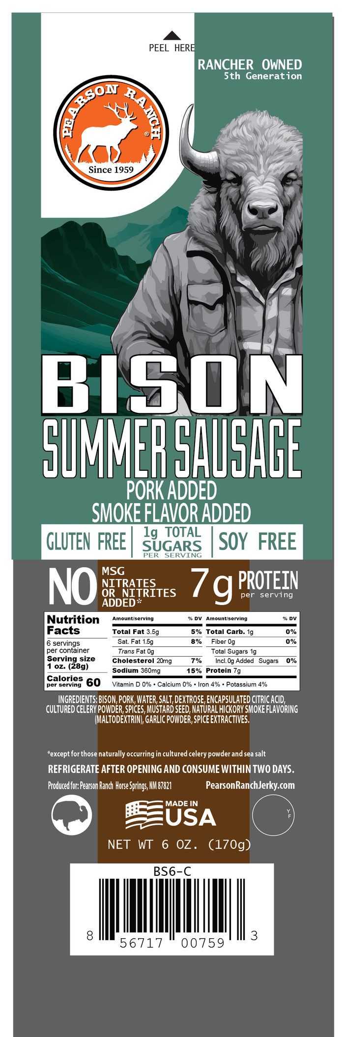 Wholesale Bison Summer Sausage 6oz - (order in EACH quantities)
