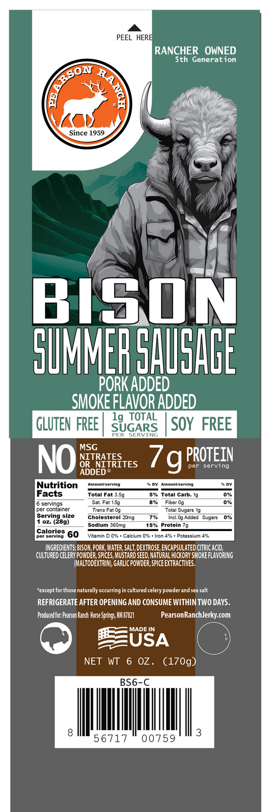 Wholesale Bison Summer Sausage 6oz - (order in EACH quantities)