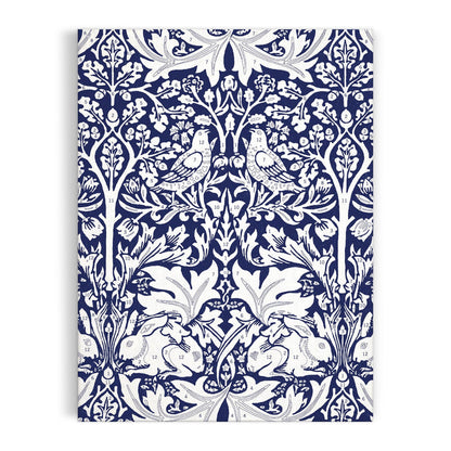 The William Morris Brother Rabbit 9 x 12" Paint by Number Kit features a vintage white-on-blue pattern with two birds on branches and two rabbits among ornate leaves and flowers. Brand: William Morris.