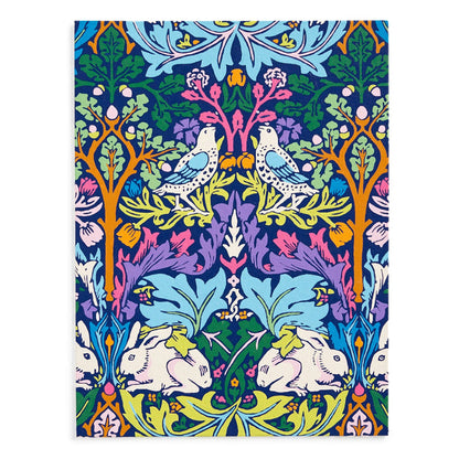 The William Morris Brother Rabbit 9 x 12" Paint by Number Kit features a vibrant floral pattern with two blue and white birds, colorful leaves and flowers, and two white rabbits. Bold blues, purples, oranges, and greens stand out in this symmetrical design.