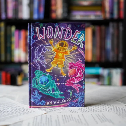 Wonder Annotated Special Edition hardcover front cover by R.J. Palacio — vibrant purple cover featuring a golden astronaut boy, pink running girl, teal constellation figure, and silver dog orbiting in a cosmic scene, displayed on open book pages with a colorful bookshelf backdrop
