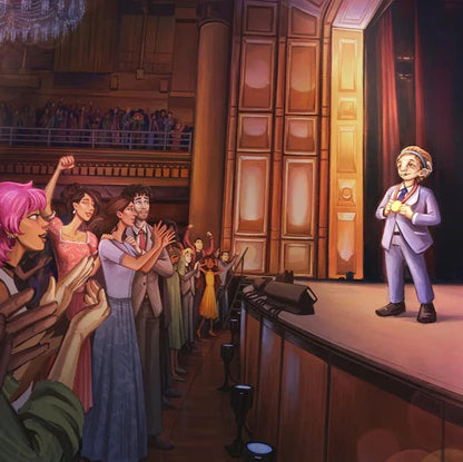 Wonder Annotated Special Edition interior illustration — a boy in a lavender suit stands on a theatre stage receiving a standing ovation from a diverse, colorful crowd, with tall wooden doors, red curtains, and a chandelier lit concert hall visible in the background