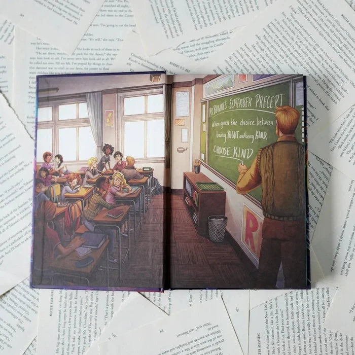 Wonder Annotated Special Edition open book spread showing the Choose Kind classroom illustration — students at desks with Mr. Browne writing 'CHOOSE KIND' on the chalkboard, book displayed open on scattered book pages