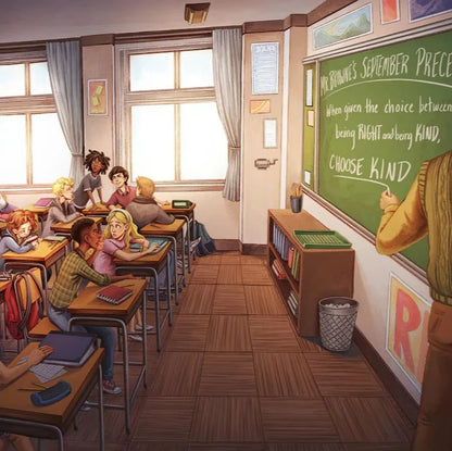 Wonder Annotated Special Edition interior illustration — a colorful classroom scene with students at desks as a teacher writes Mr. Browne's September Precept on the chalkboard: 'When given the choice between being RIGHT and being KIND, CHOOSE KIND'