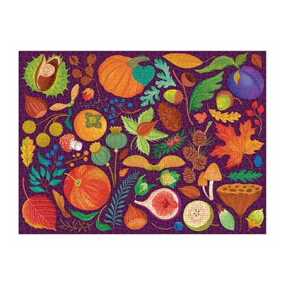 The World of Fall Flora 1000 Piece Puzzle by Dawn Cooper features a vibrant autumn scene with pumpkins, mushrooms, leaves, figs, berries, nuts, acorns, and chestnuts on a rich purple background.
