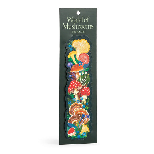 The World of Mushrooms Paper Bookmark by Olga Akbarova displays vibrant fungi and blue flowers on dark green packaging.