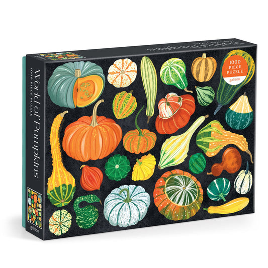 The World of Pumpkins 1000 Piece Puzzle by Dawn Cooper showcases vibrant botanical art of diverse pumpkins and gourds on a striking black background.