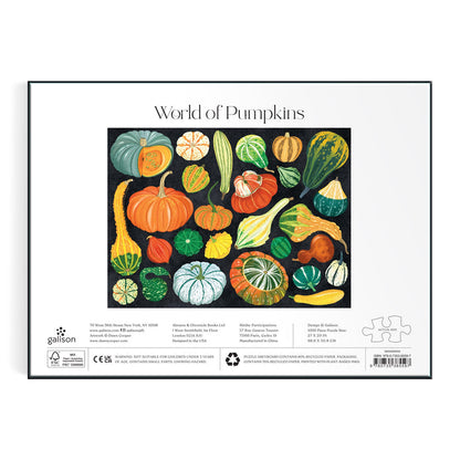 The back of the Dawn Cooper World of Pumpkins 1000 Piece Puzzle box features a vibrant illustration of diverse pumpkins and gourds on black, labeled World of Pumpkins above the artwork.